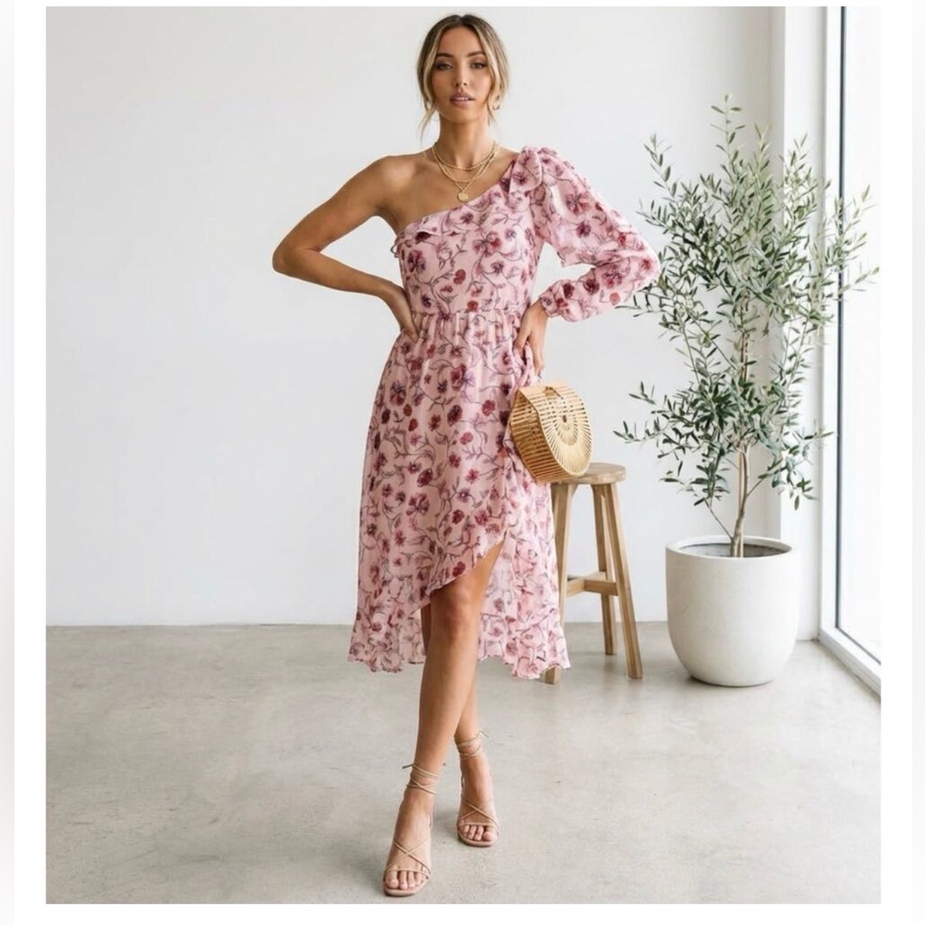 Nwt For Love And Lemons Pink Floral One-Shoulder Midi Dress